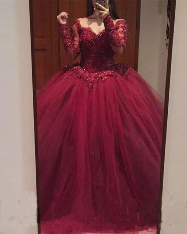 Fashionable Women's Casual Apparel Trend Forward Threads Burgundy Long Sleeves Quinceanera Dress Sweet 15 Dresses Ball Gown Wedding Gown PL2150