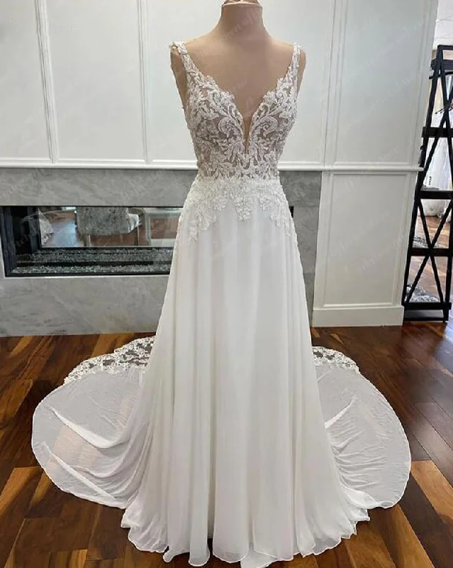 Women's Outerwear Attire Huge Price Cut Luxury Civil Chiffon Wedding Gowns Open Back Vintage Bridal Boho Long Wedding Dresses Lace Appliques V neck Vestido Boda