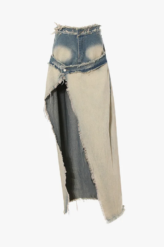 Trendy Athleisure Clothing For Women Fashion Sale Rugged Double Waist One Button Distressed Trim Faded Denim Maxi Skirt