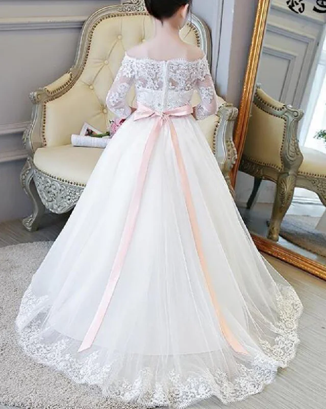 Women's Elegant Clothing Sets Fashionista Favorites LP2695 Off the Shoulder Lace Flower Girl Dress Long Sleeves Little Girl Wedding Gown first communion dress