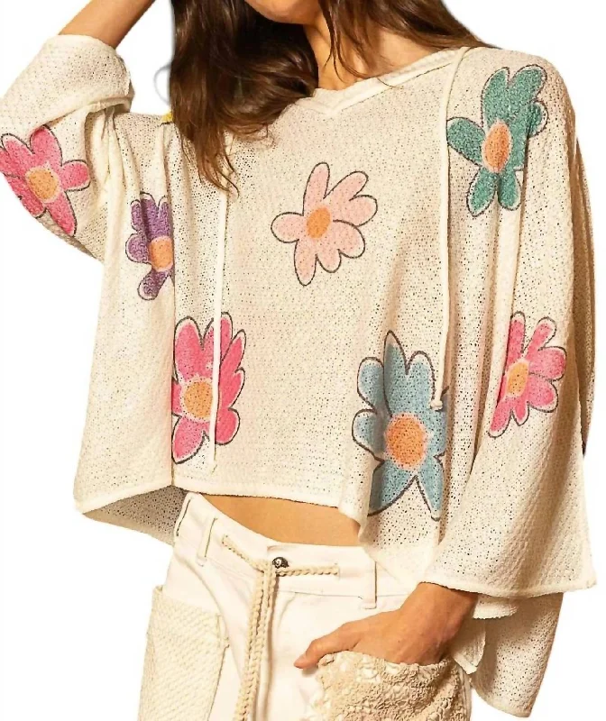 Vintage-Inspired Women's Apparel Refined Fashion Sale Flower Print Hoddie Top In Ivory