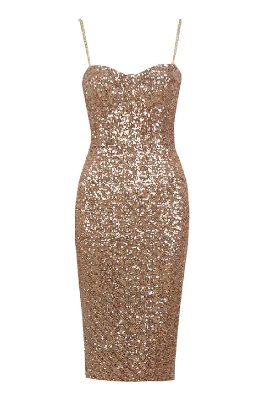 Classic Women's Apparel Urban Style Promotions Sparkly Sequin Bustier Metallic Chain Strap Bodycon Cocktail Party Midi Dress