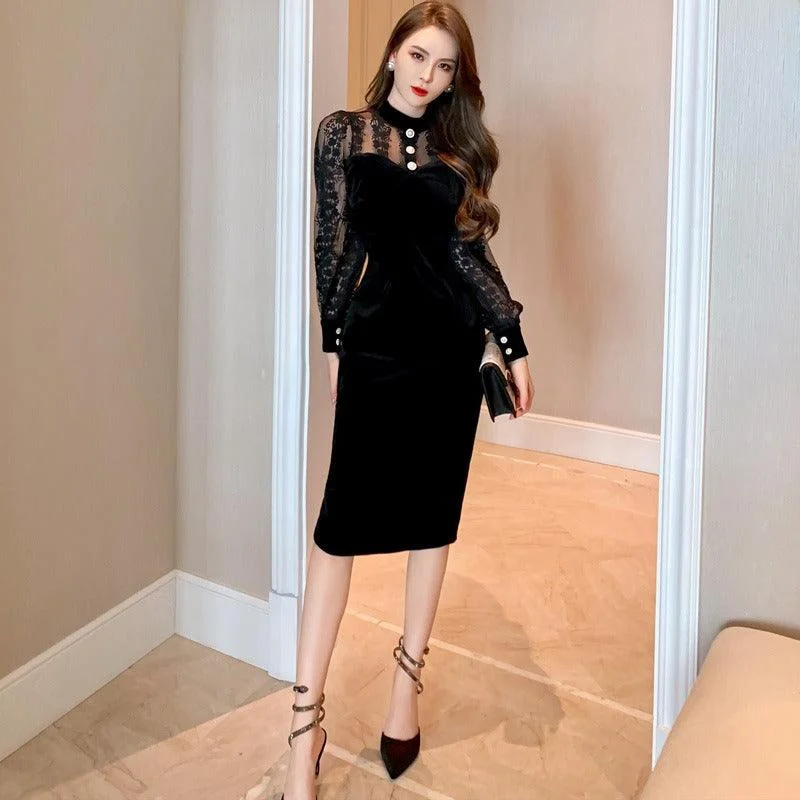 Women's Outfit For The Office Top Brand Discounts Black Vintage Button-up Lace Velvet Midi Dress