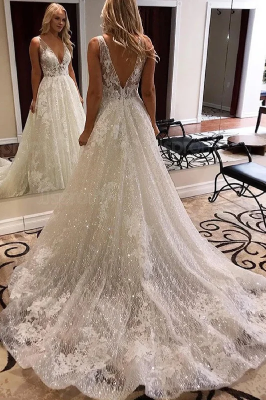 Women's Fashionable Clothing Sets Shop Sales Luxurious V Neck  Ivory Lace Sequin  Bridal  Gowns Popular Shiny Tulle Beach WD10829 Boho A-Line Wedding Dress 2022 Vestido De Noiva