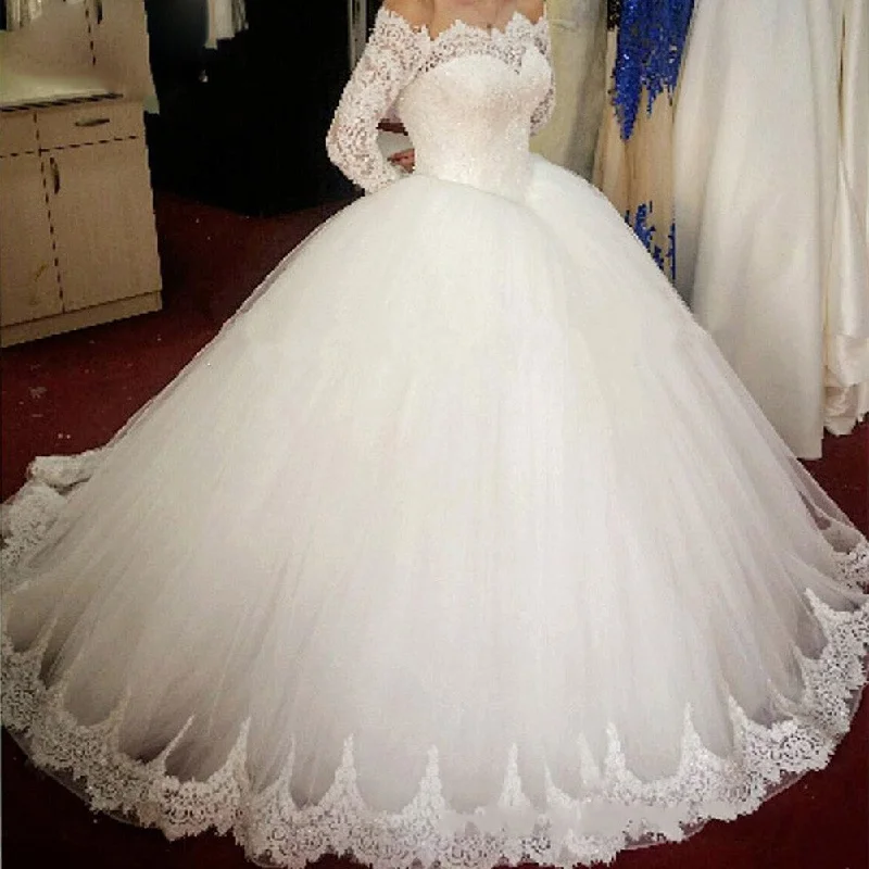 Women's Sporty Clothes Summer Fashion Romantic WD0826 off the shoulder long sleeves Princess Bridal Gown 2020  Poofy Tulle Ball Gown Lace Wedding Dress for Bride