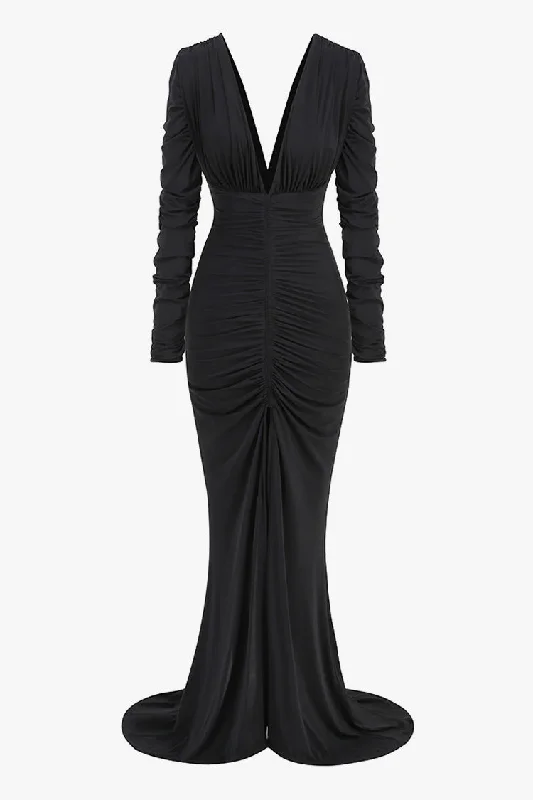 Classic Clothes For Women Flash Sale, Don'T Miss Luxury Plunge Neck Long Sleeve Split Ruched Mermaid Evening Maxi Dress