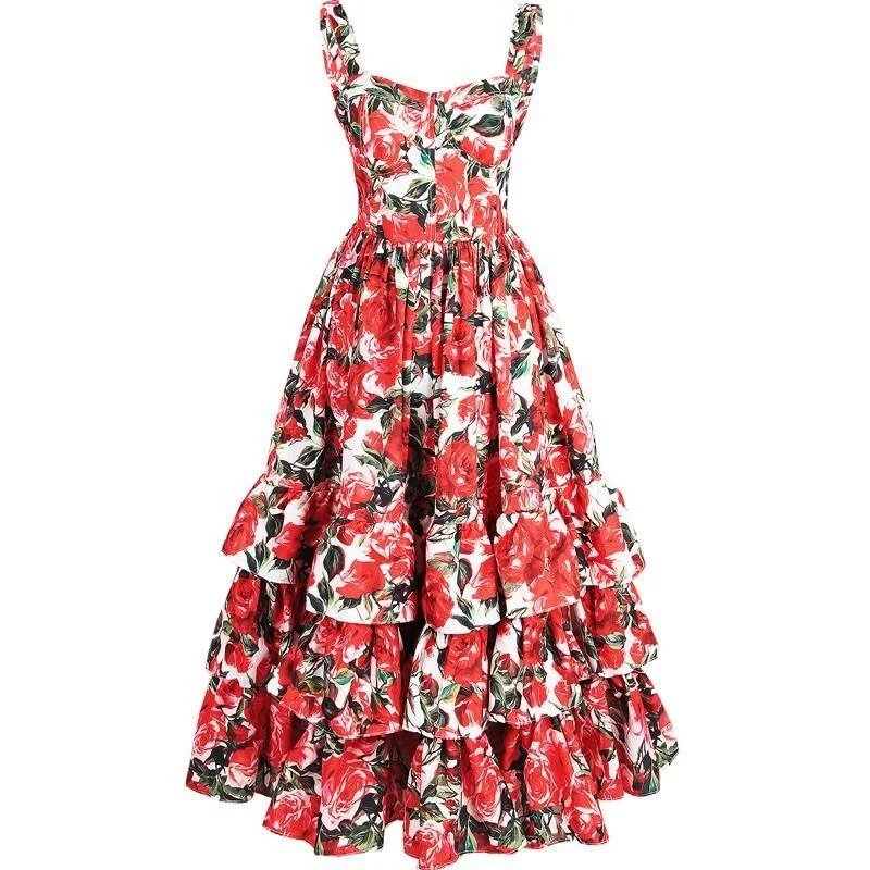 Women's Stylish Outdoor Outfit Special Offer For You Spaghetti Strap Backless Floral Print Cascading Ruffle Beach Dress