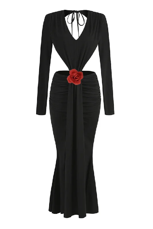 Women's Tailored Outfit On-Trend Fashion Offers Sexy Plunge Cutout Rosette Drape Backless Split Mermaid Evening Maxi Dress