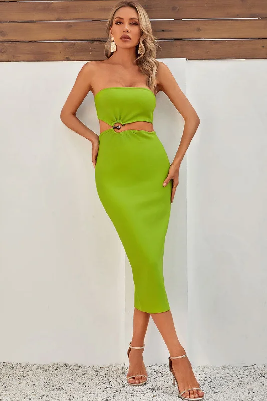 Vintage-Inspired Women's Apparel Stylish Looks Chic Strapless Notch O Ring Cutout Waist Bodycon Bandage Party Midi Dress - Green