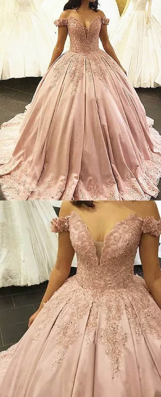 Women's Vintage Clothes Fashion Sale Princess Off the Shoulder Satin and Lace Pink Ball gown Wedding Dress Bride Gown Novias WD11121