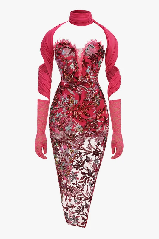 Women's Weekend Outfit Buy More, Save More Festive Scarf Glove Ruffle Strapless Embroidered Sequin Cocktail Midi Dress