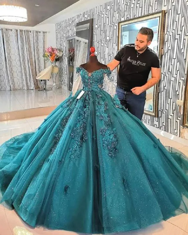 Women's Contemporary Apparel Casual Fashion Amazing Tailor Made Off the Shoulder Lace Beaded Ball Gown Teal  Wedding Dress Vintage Long Sleeves