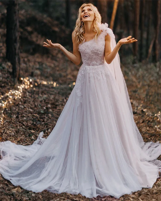 Women's Clothes For The Office Elevated Casual Discounts 2022 One Shoulder Wedding Dresses Applique Lace  Sweep Train Tulle Bride Gowns Vestido De Novia WD1112