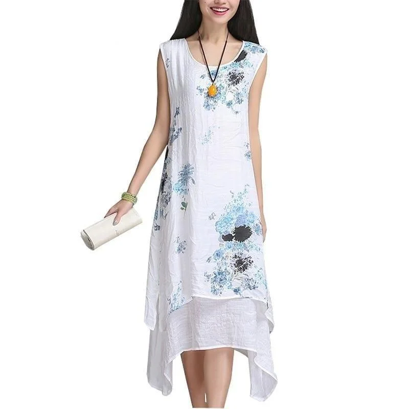 Women's Occasion Wear Apparel Sleek Style Discounts Asian Style Loose Fit Summer Dress Sleeveless Women Casual Cotton Linen Midi Dress