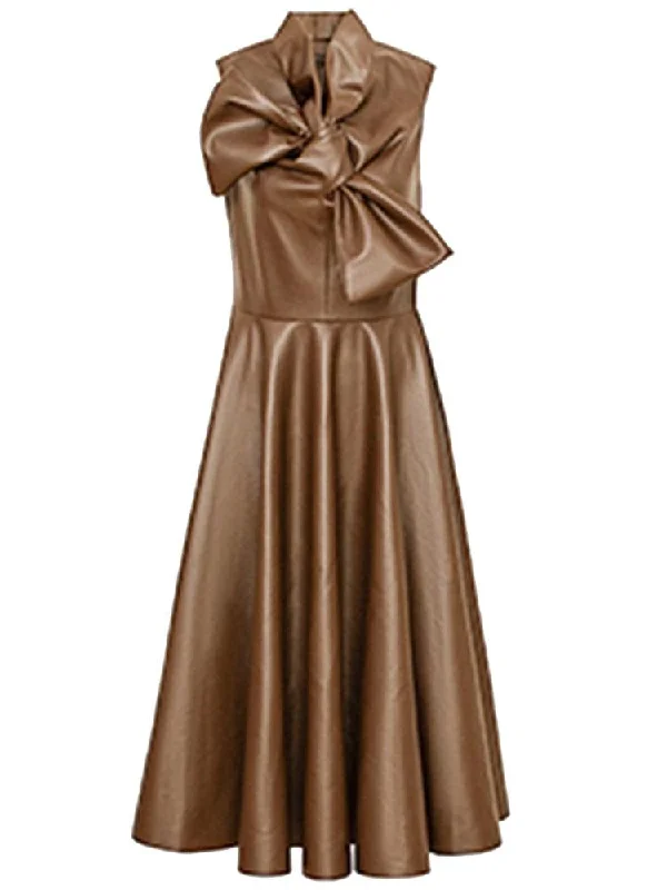 Stylish Outerwear Clothing For Women Quick Grab Deals Brown Fit and Flare Midi Leather Dress Women Bow Tie Dress