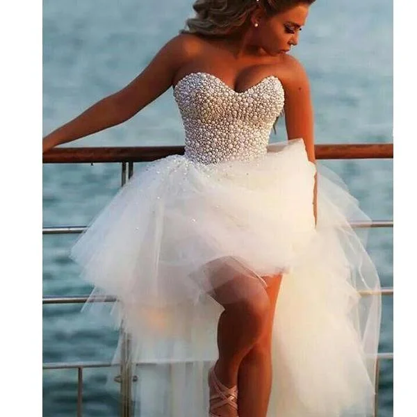 Women's Clothing Glamorous Fashion Offers Siaoryne LP0926 high Low Wedding Dresses Beach with Pearl Front short Long Back bridal Gowns