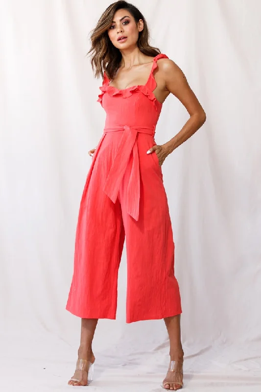 Women's Office Clothing Hot Sale Kaia Ruffle Strap Wide-Leg Capri Jumpsuit Red