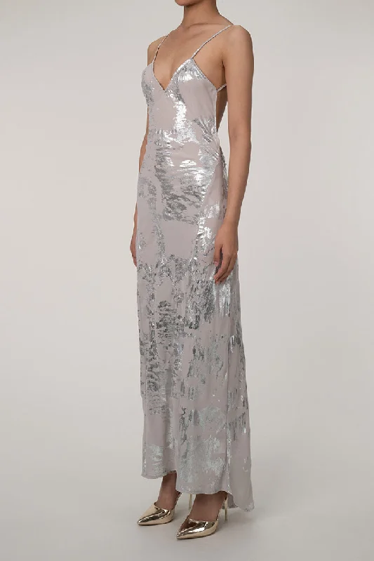 Women's Clothing Chic Style, Always In Vogue Shimmering Metallic Foil V Neck Spaghetti Strap Backless Evening Maxi Dress