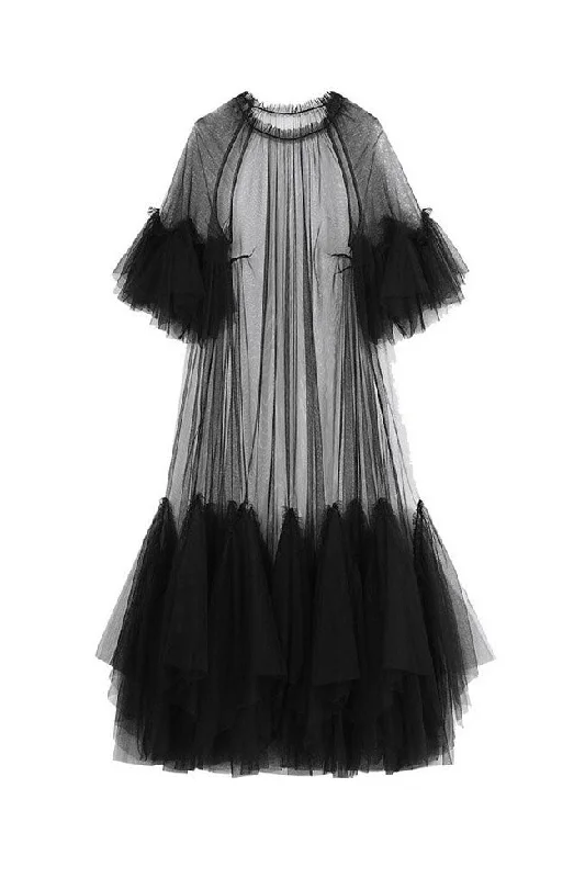 Women's Formal Event Attire Playful Fashion Offers Floaty Ruffle Crew Neck Short Sleeve A Line Sheer Layer Tulle Maxi Dress