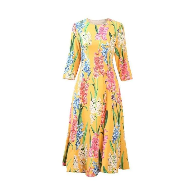 Women's Plus-Size Outfit Limited Edition Yellow Flower Pattern Print Elegant Midi Dress