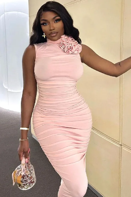 Women's Plus-Size Apparel Trend Alert Sexy Rosette Corsage High Neck Sleeveless Ruched Cocktail Party Midi Dress - Pink