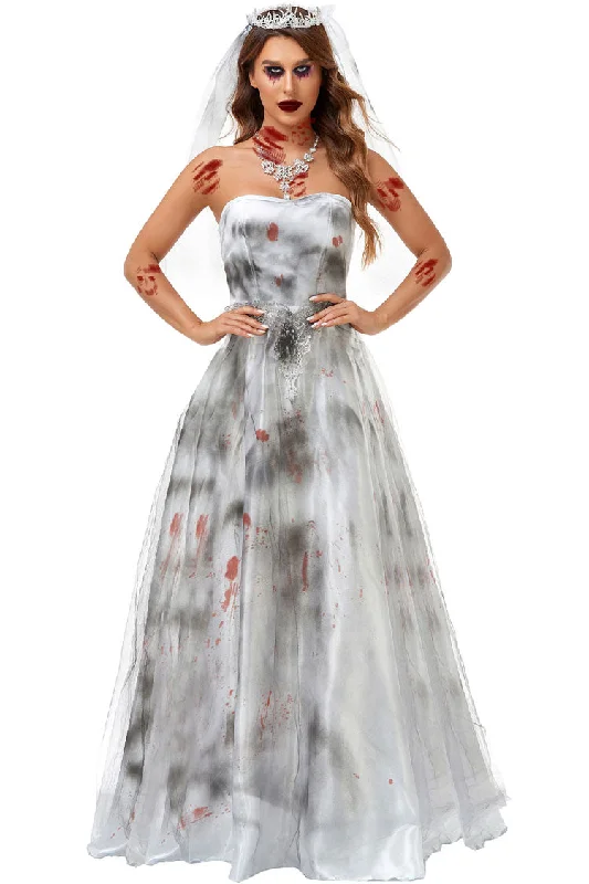 Women's Transitional Garments Fresh Fashion Discounts Incredible Zombie Bride Halloween Tie Dye Mesh Satin Strapless Maxi Dress - White