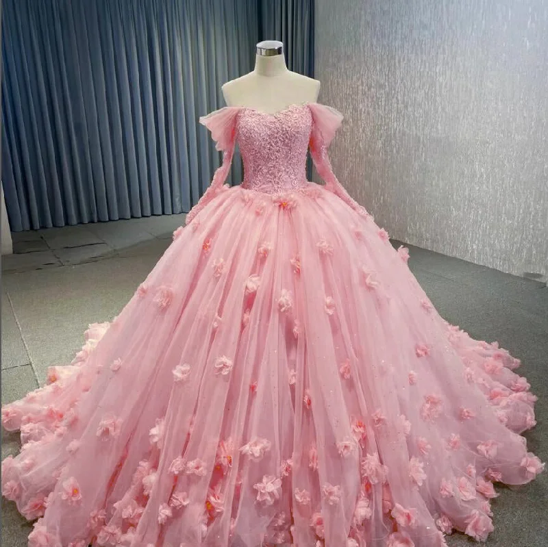 Casual Attire For Women Hot Deals Pink/Coral Ball Gown Wedding Dress ,Girls 3 D Flowers Sweet 16 Dresses Long Sleeves WD2473