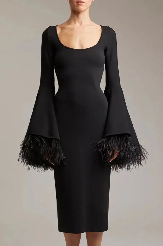 Timeless Women's Garments Chic Style, Always In Vogue Luxury Scoop Neck Feather Cuff Long Sleeve Bandage Cocktail Midi Dress - Black