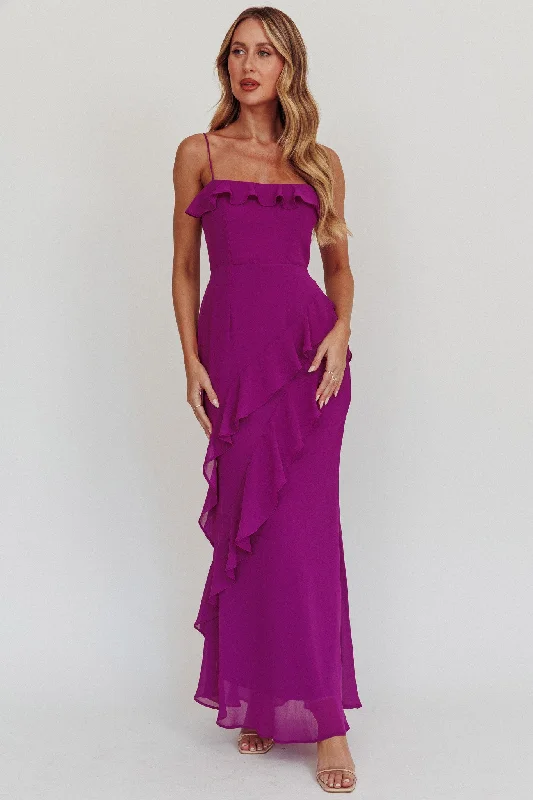 Women's Classic Outfit Fashionable Comfort Promotions Actual Sunshine Ruffle Trim Maxi Dress Plum