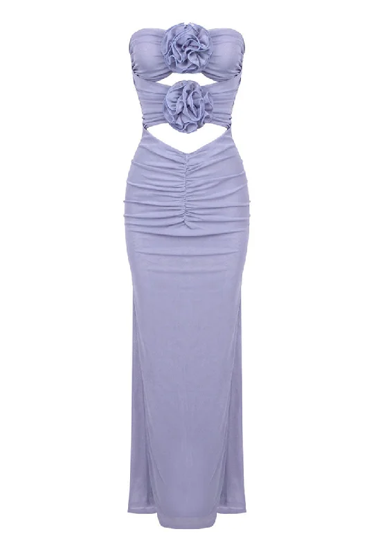 Women's Clothes Clearance Sale, All Cheap Glamorous Rosette Strapless Cutout Gathered Mesh Evening Maxi Dress