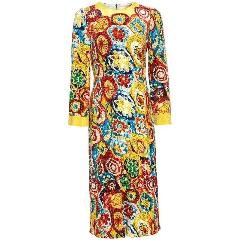 Women's Clothing For Travel Hot Sale Vintage Long Sleeve Luxury Crystal Beaded Colorful Totem Print Midi Dress