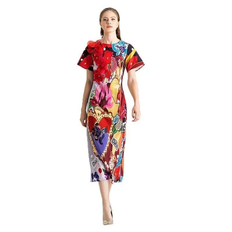 Women's Elegant Evening Attire Season Sale Colorful Spring & Summer O-Neck Leopard Appliques Floral Casual Elegant Midi Dress