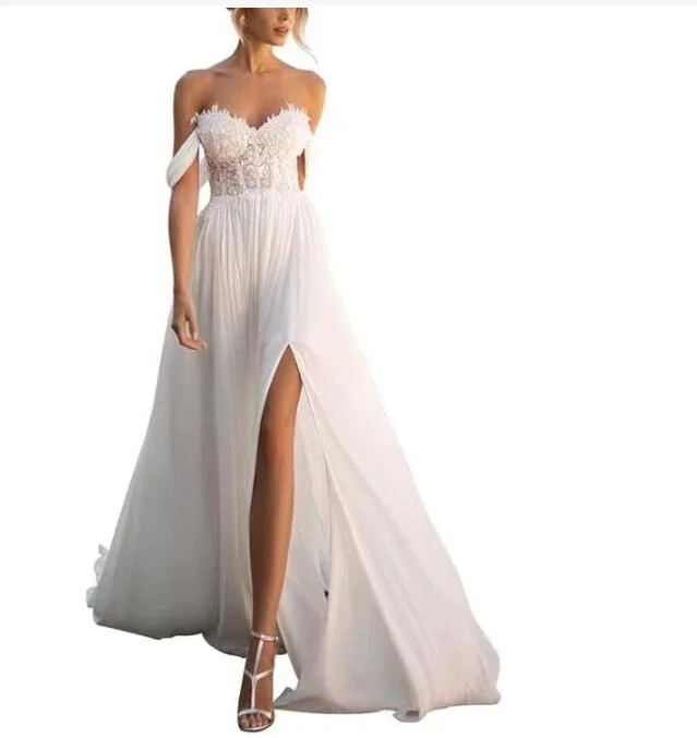 Women's Formal Event Outfit Discover Promotions Sexy Slit Beach Wedding Dress Summer Off the Shoulder Lace White Bridal Gown