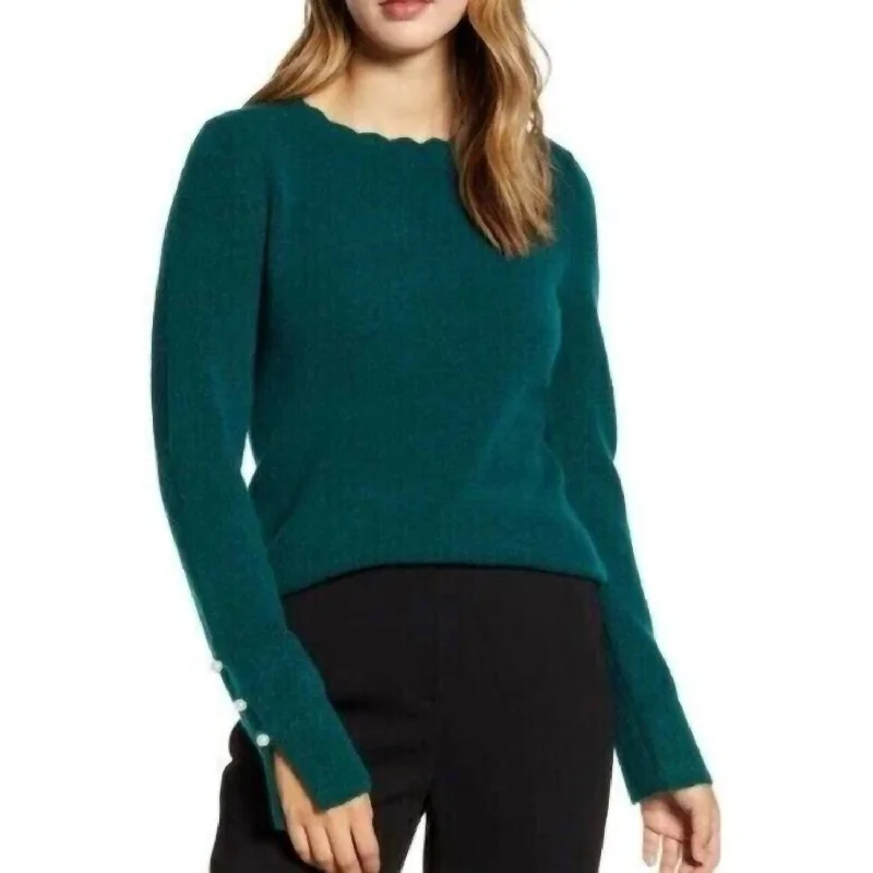 Women's Clothes For Special Occasions Hot Picks Scallop Crew Neck Sleeve Pullover Sweater In Green