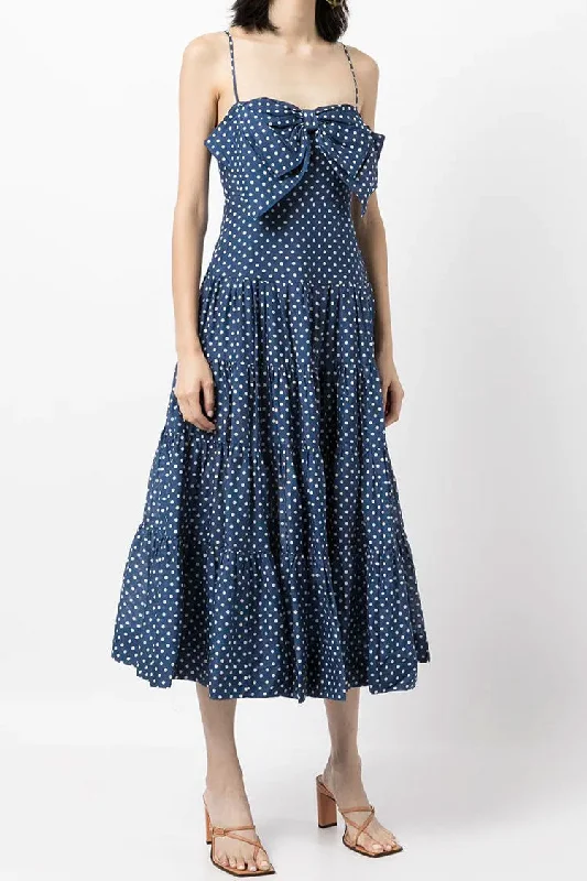 Women's Clothing For Holiday Travel Limited Time Offers Vintage Polka Dot Oversized Bowknot Summer Midi Sundress - Blue