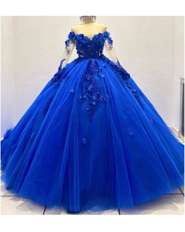 Women's Comfortable Apparel Trendy Styles Ball Gown Royal Blue Wedding Dress ,Off the Shoulder Quinceanera dress with Lace PL3218