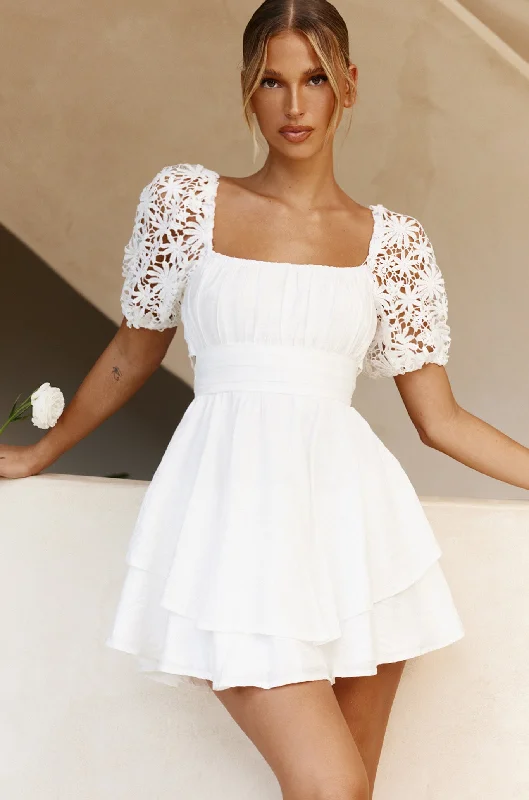 Women's Evening Outfit Sustainable Fashion Extravaganza Abby Lace Puff Sleeve Tie-Up Back Dress White