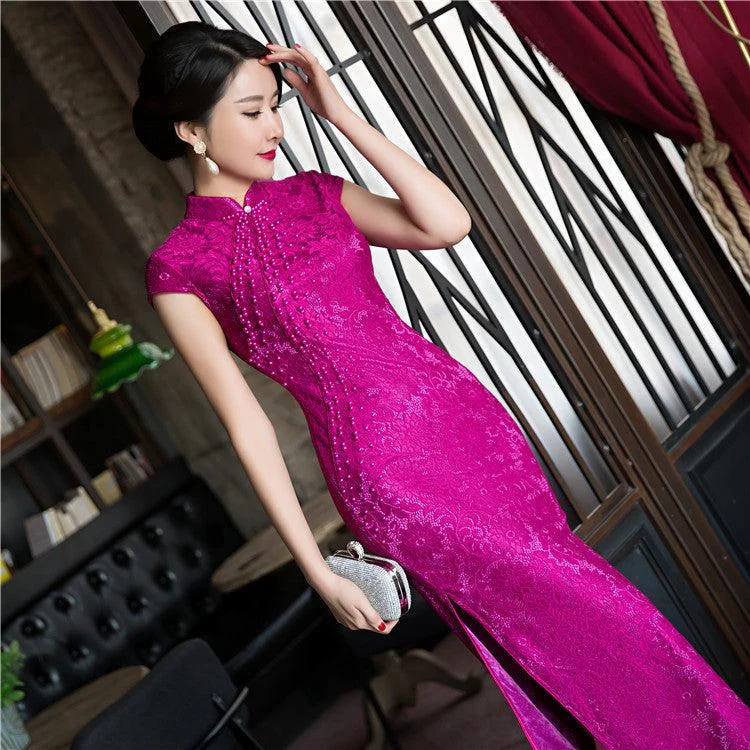 Women's Casual Attire Forward Trendsetter Purple Cheongsam Chinese Female Lace Qipao Dress