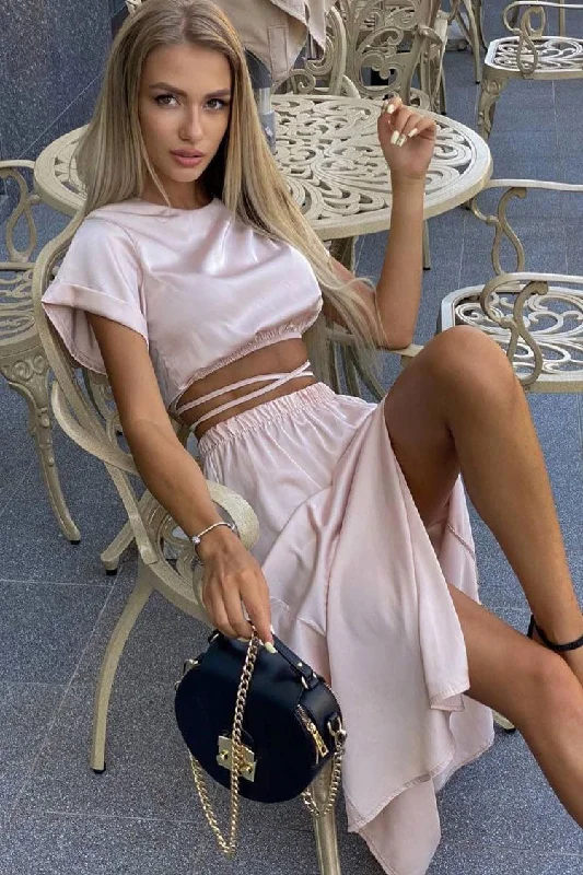 Classic Women's Apparel Stylish Savings Iconic Wrapped Crop Top High Waist Split Two Piece Midi Dress - Pink