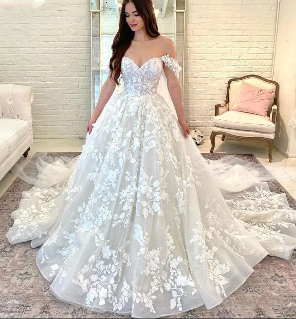 Women's Layered Outfit Budget Friendly Princess Off the Shoulder Ivory Lace Wedding Gown estidos Para Mujer 2024 WD47132