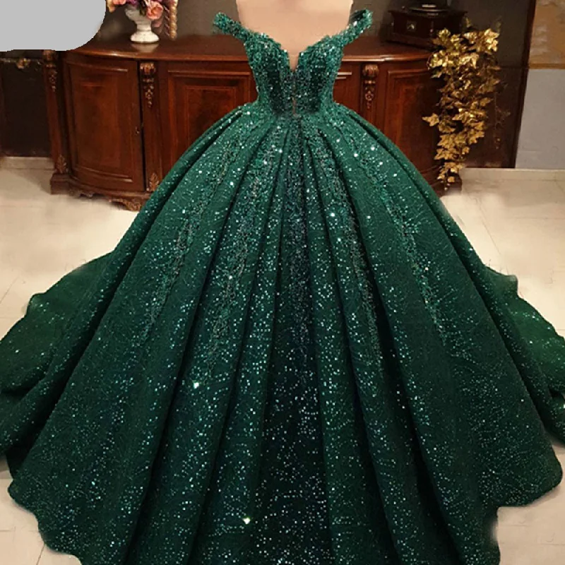 Women's Seasonal Wardrobe Clothing Vintage Style Deals Luxury Muslim Green Sequins Beading Wedding Dress Off Shoulder Lace Evening Party Gowns Prom Dresses