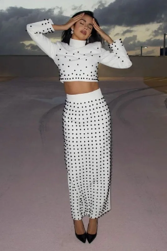 Women's Vacation Outfit Chic Styles Minimalist Beadwork Embellished Crop Top High Waist Two Piece Maxi Dress