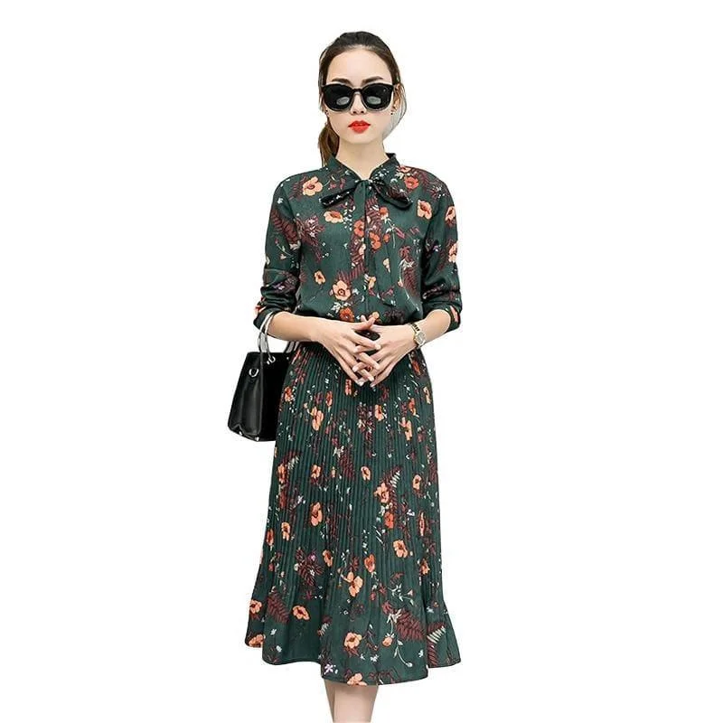 Women's Athletic Garments Stylish Savings Floral Chiffon Long Sleeve Elegant Pleated Midi Dress