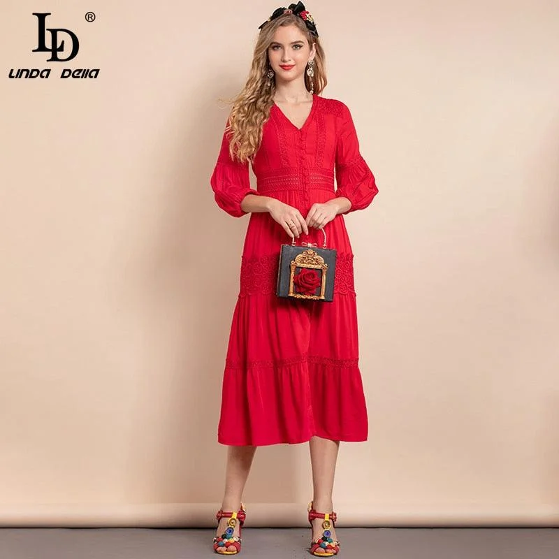 Women's Clothing Sets Vibrant Style Promotions Red Lantern Sleeve Single-breasted Hollow Embroidered A-Line Midi Dress