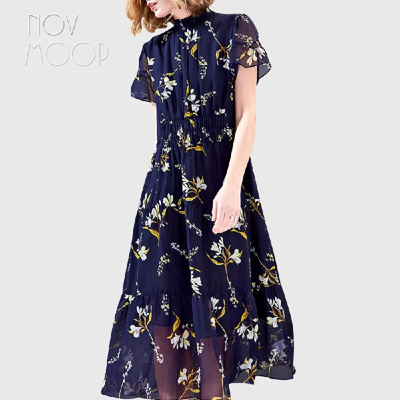 Women's Wardrobe Apparel Modern Fashion Sale Autumn Blue Elegant Floral Print Elastic Waist 100% Silk Dress