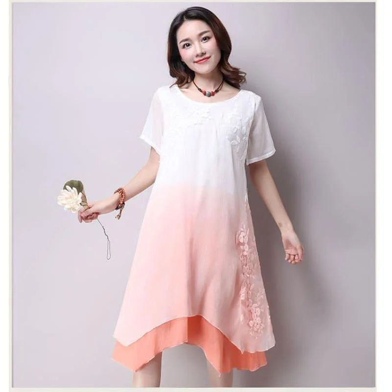 Women's Athleisure Apparel Casual Yet Chic Sales Boho Chic Short Sleeve Layered Casual Cotton Linen Midi Dress