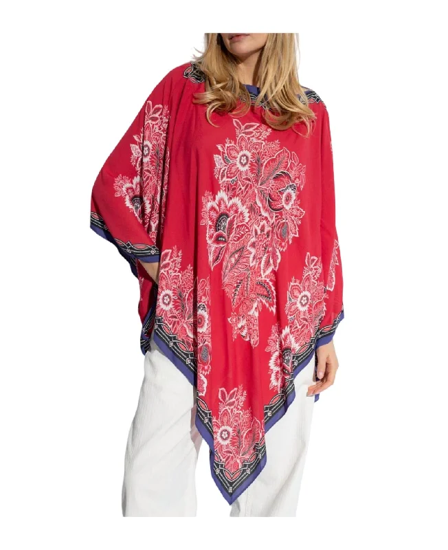 Timeless Women's Clothes New Arrivals Floral Printed Asymmetric Poncho In Red Multi