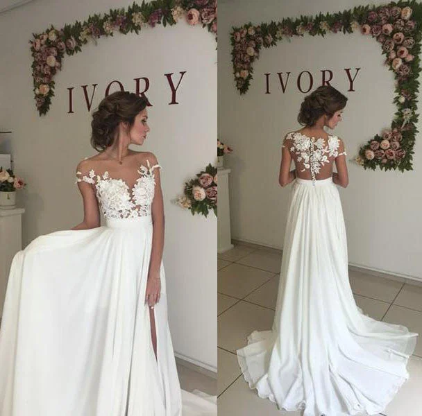 Women's Outerwear Clothing Retro Style Promotions Lace and Chiffon Illusion Cap Sleeves Beach Wedding Dress boho Bridal Gown