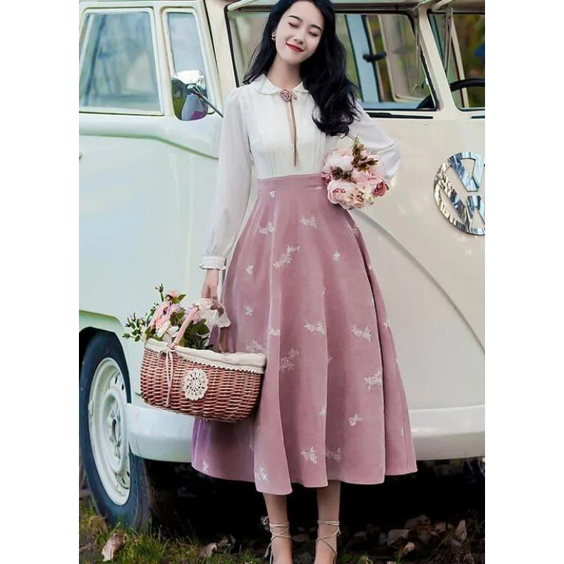 Women's Elegant Garments Chic Style Discounts New Retro Peter Pan Collar Flower Embroidery Long Sleeve Midi Dress