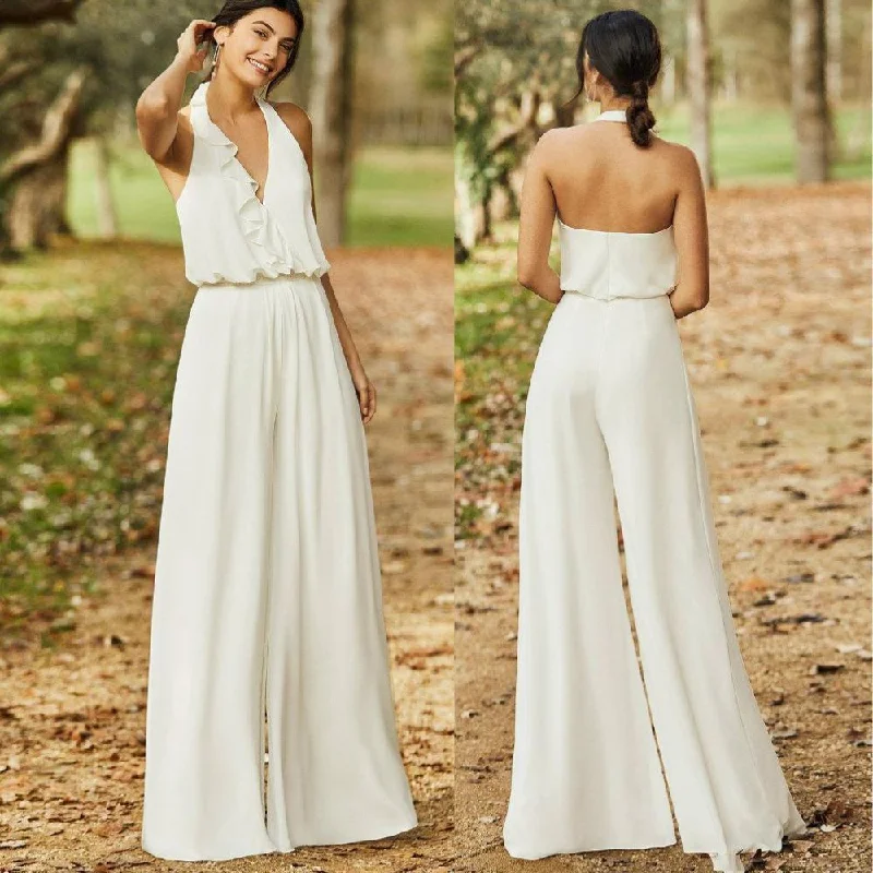 Women's Professional Apparel Day-To-Night Styles Rustic Halter Wedding Jumpsuit